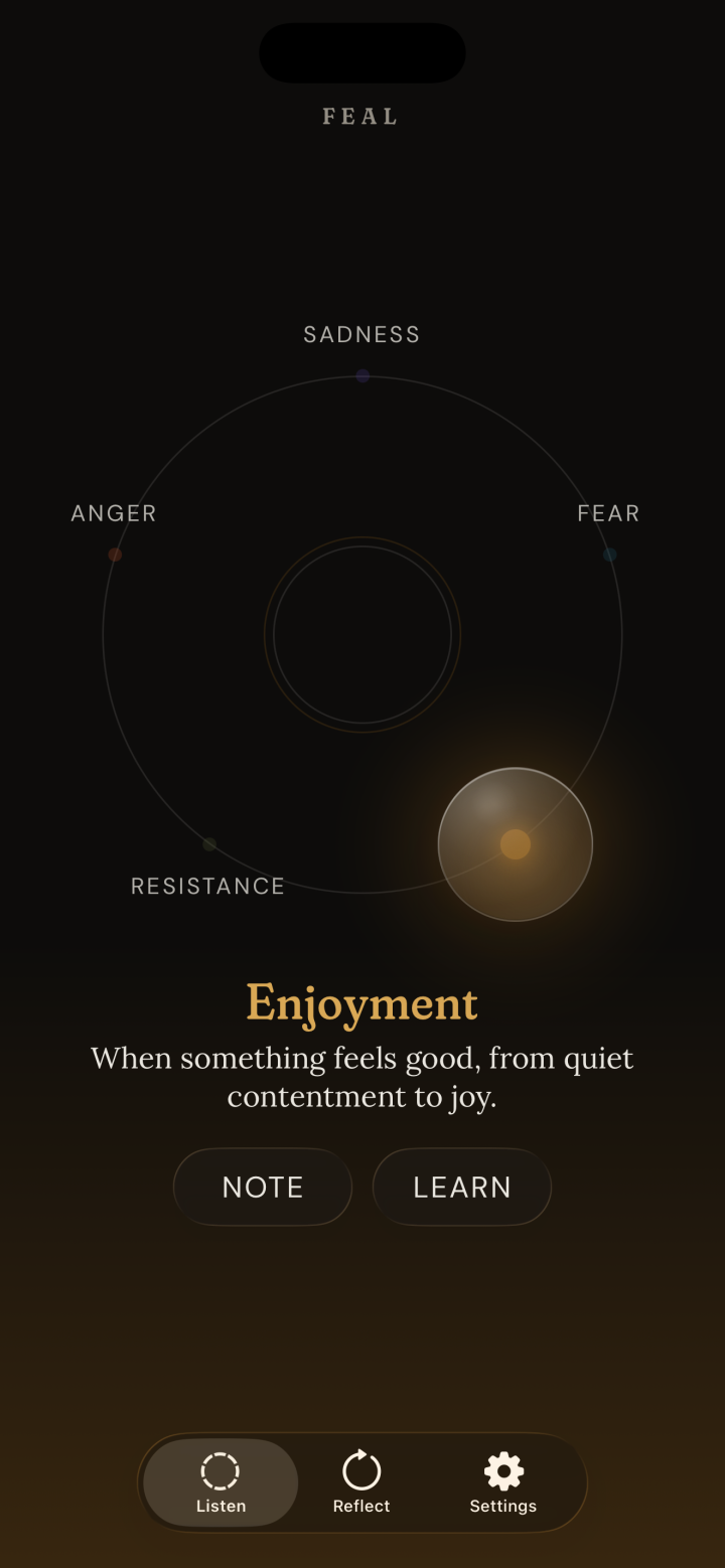 Feal's compass with Enjoyment chosen: the orb settled toward one of the five emotions, with the option to add a note or learn more.