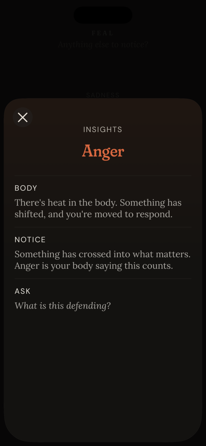 Feal's insight card for Anger: Body, Notice, and Ask, spoken directly in the second person.