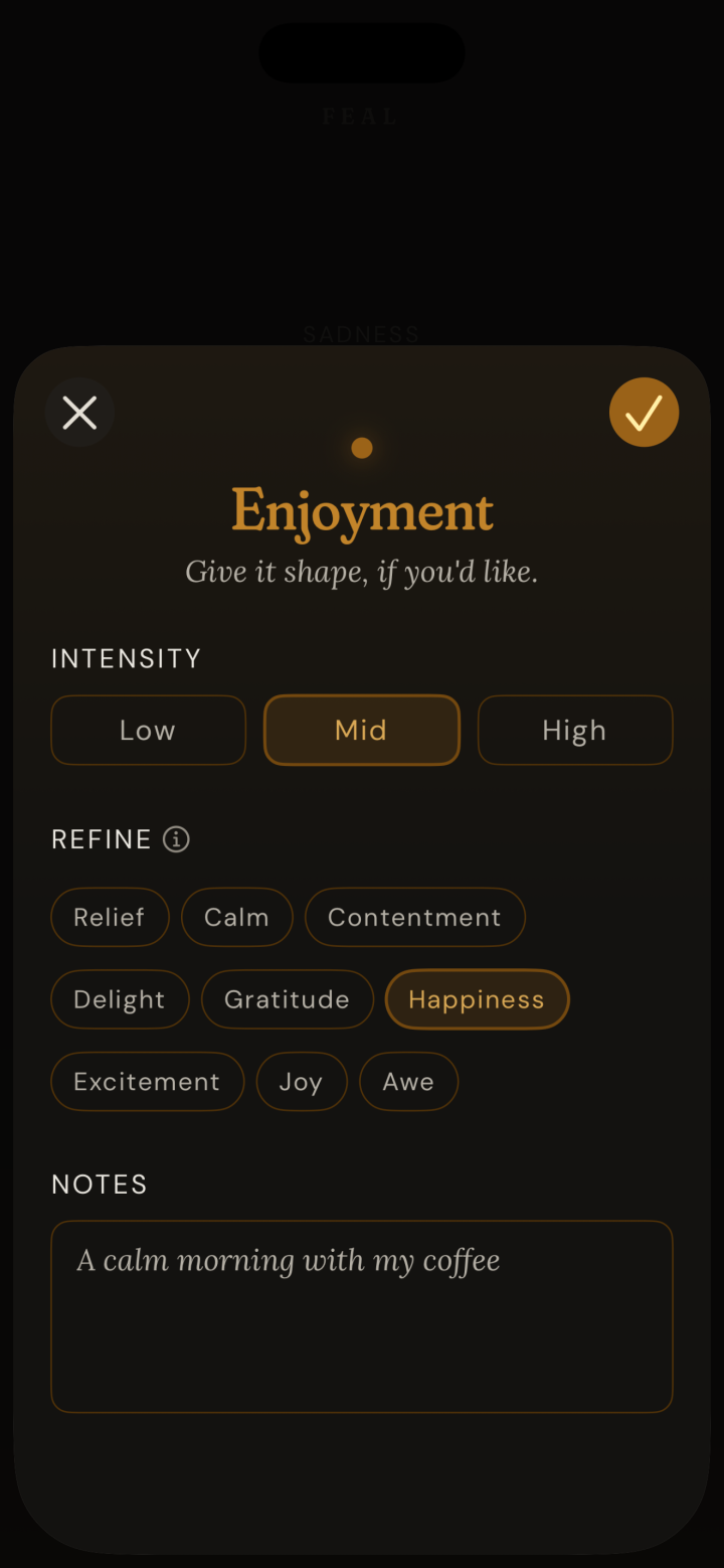 Feal's note view: the chosen emotion with an optional intensity and a short private note, prompted with 'A thought, a moment, for later you.'